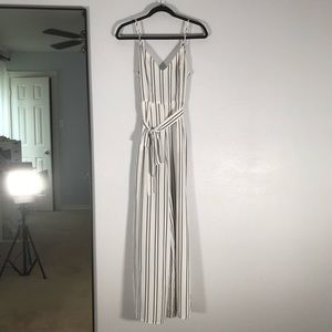 White and black pinstripe v neck jumpsuit